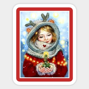 Young Girl Holding a Magical Christmas Tree Print Sticker